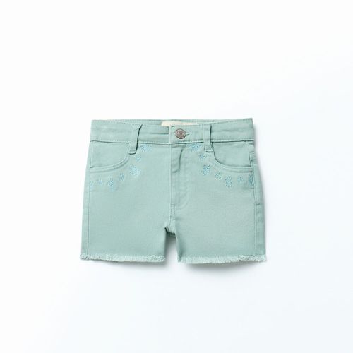 Short verde menta denim bordado floral para niña