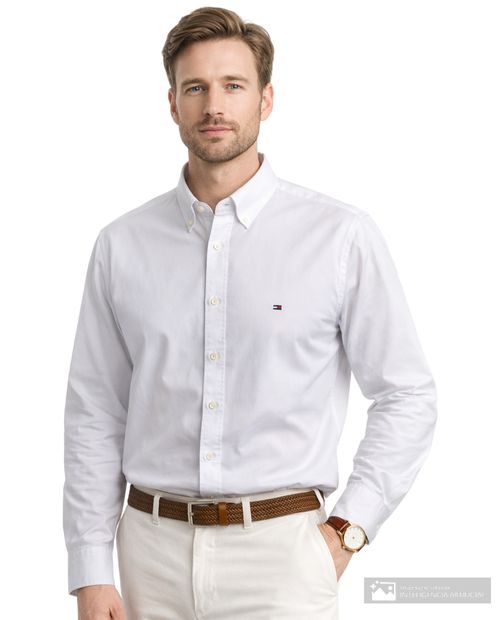 Camisa casual Tommy Hilfiger regular fit blanca sólida para hombre
