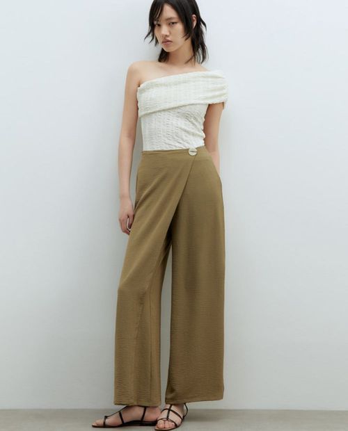 Pantalón Sfera wide leg beige de cintura alta para mujer