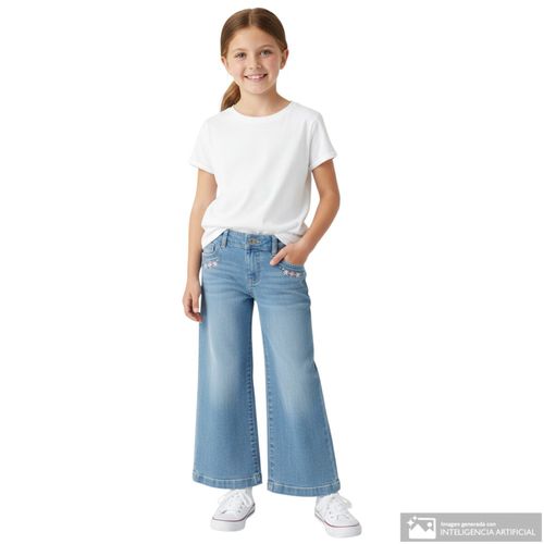Jeans celeste wide leg bordado para niña