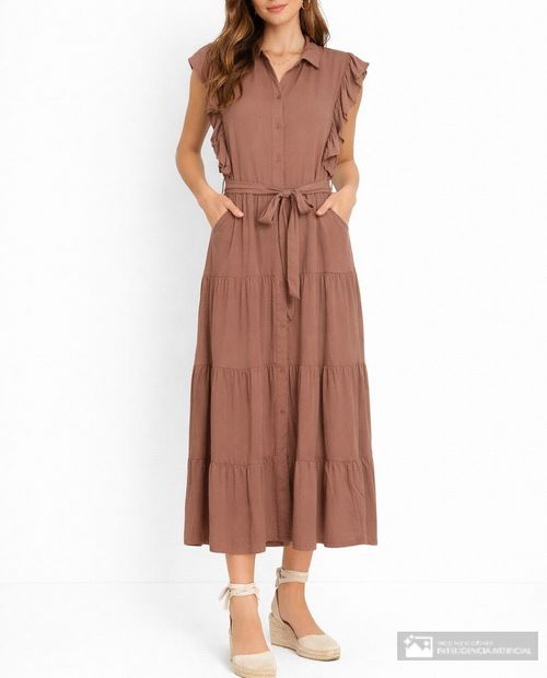 Vestido Nicolle midi café manga corta para mujer