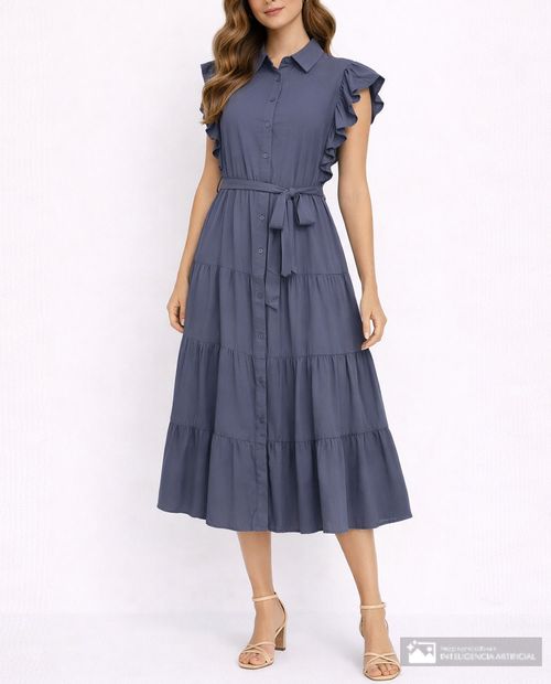 Vestido Nicolle midi azul manga corta para mujer