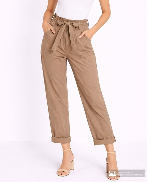 Pantalón Sabrina paper bag beige de cintura alta para mujer