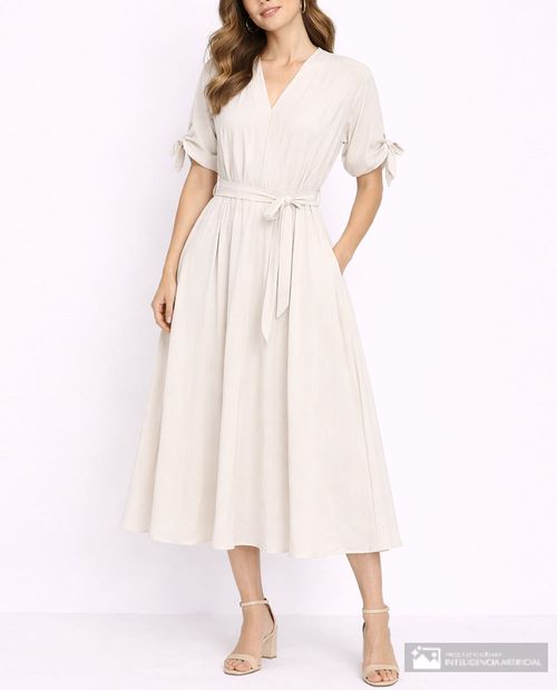 Vestido Nicolle midi beige manga roll up para mujer