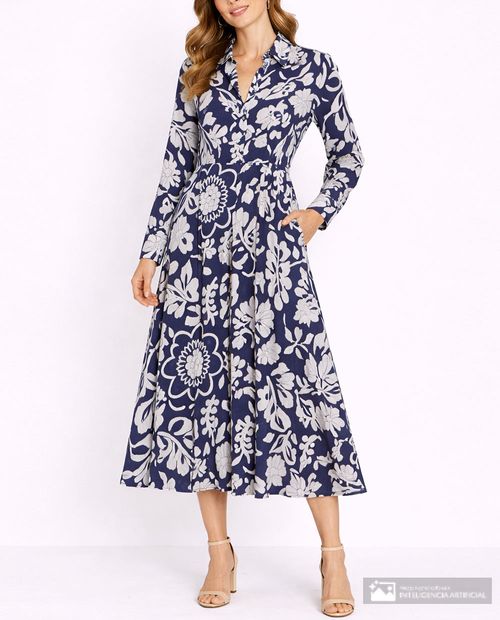 Vestido Sabrina midi estampado manga larga para mujer