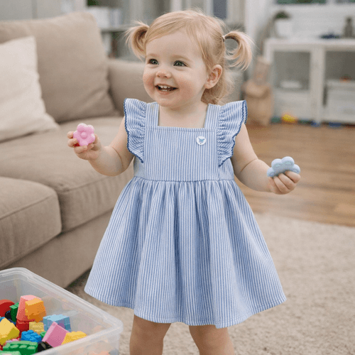 Vestido celeste rayada para bebé niña