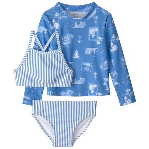 Traje de baño de 3 piezas celeste con estampado para niña