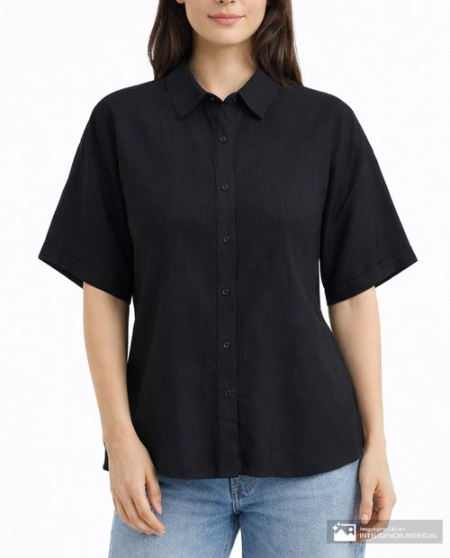 Blusa Sabrina camisera negra manga corta para mujer