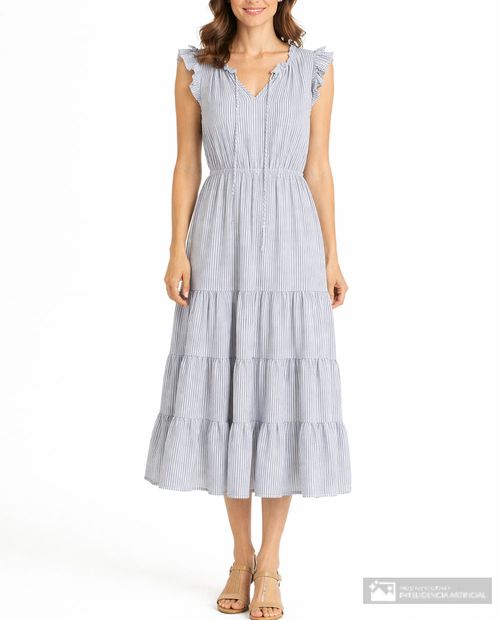 Vestido Sabrina midi rayado manga corta para mujer
