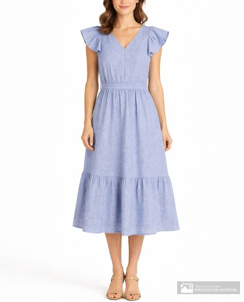 Vestido Sabrina midi azul manga corta para mujer