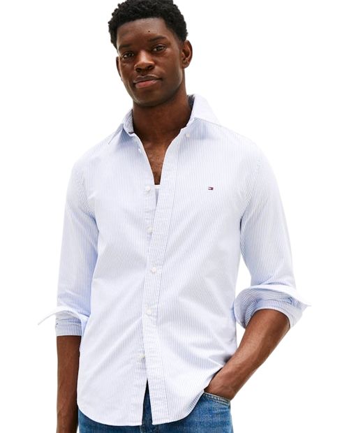 Camisa casual Tommy Hilfiger regular fit celeste rayada para hombre