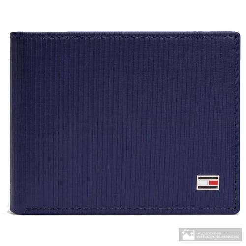 Billetera bifold Tommy Hilfiger azul navy con rayas texturizadas para hombre