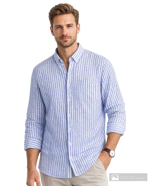 Camisa casual de lino Gents azul rayada para hombre