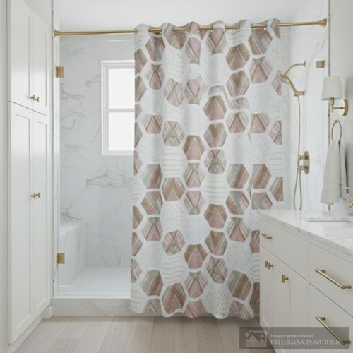 Set de cortina de poliéster + ganchos y alfombra para ducha