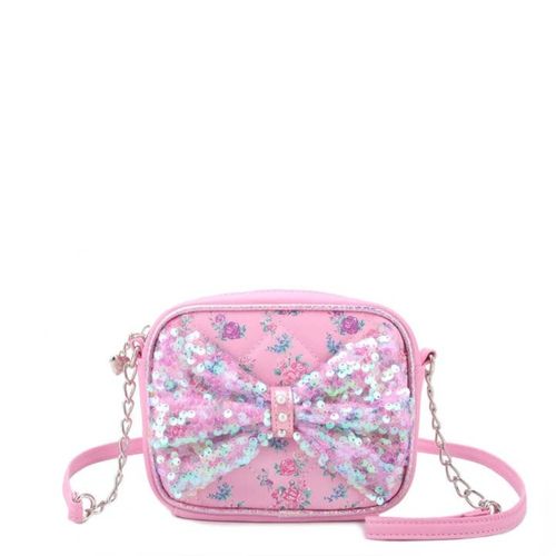 Cartera crossbody rosada con brillos para niña