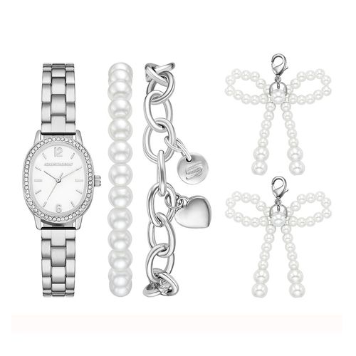 Set de 2 pulseras + 2 llaveros de listón + 1 reloj Skechers análogo de metal plateado para mujer