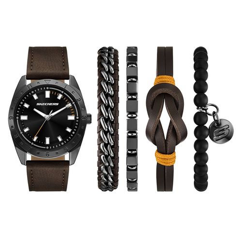 Set de 4 pulseras + 1 reloj Skechers análogo con correa de cuero café para hombre