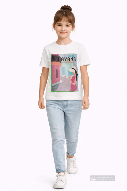 Camiseta blanca estampada multicolor para niña