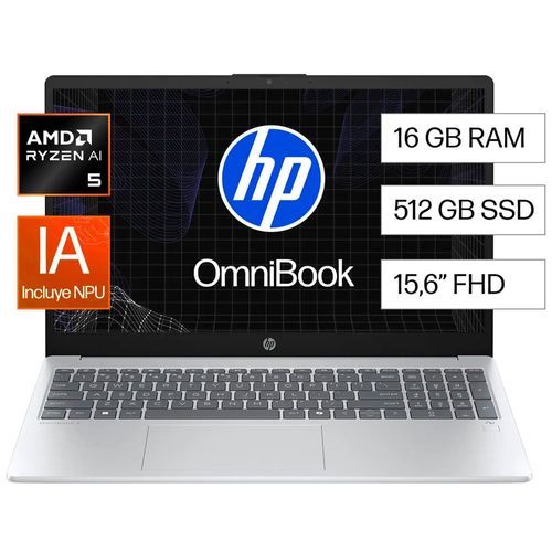 Laptop HP OmniBook 3 NGAI 15-FN0051LA AMD Ryzen AI 5 16GB RAM 512GB SSD Almacenamiento Windows 11 15.6" (39.62 cm) + M365 Personal Licencia 6 meses