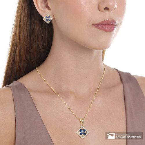 Set de aretes y cadena con dije en forma de diamante con flor azul de plata en baño de oro para mujer