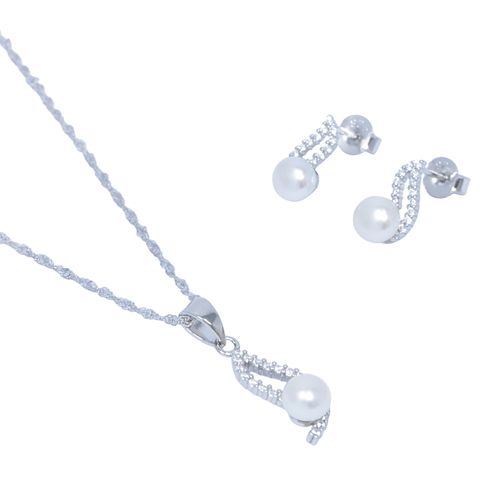 Set de aretes y cadena con dije de perla de plata para mujer
