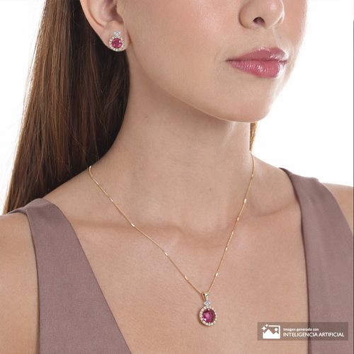 Set de aretes y cadena con dije de halo de rubí de plata para mujer