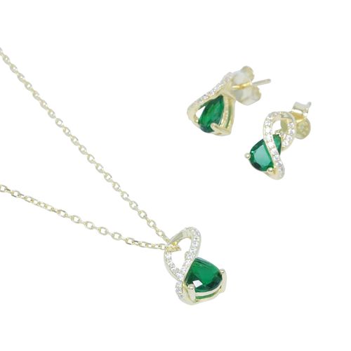 Set de aretes y cadena con dije de pera verde con zirconia de plata en baño de oro para mujer