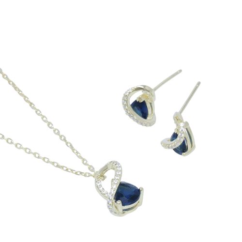 Set de aretes y cadena con dije de pera azul con zirconia de plata en baño de oro para mujer