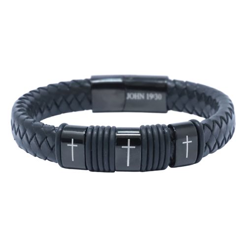 Pulsera de cuero trenzado negro de metal y brass para hombre