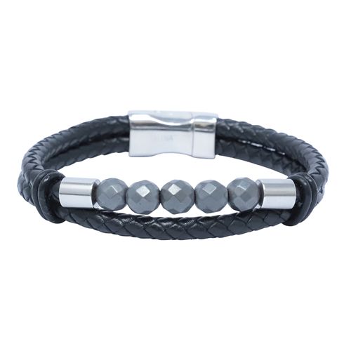 Pulsera doble de cuero negro con placa de brass para hombre