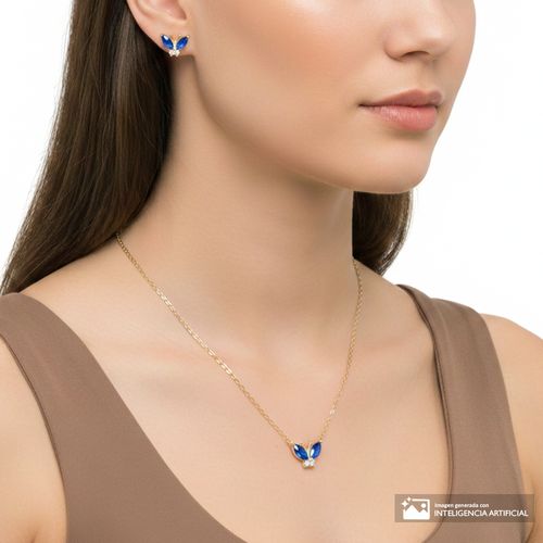 Set de aretes y collar de mariposa de plata en baño de oro 1 mm- largo 45.5 cm para mujer