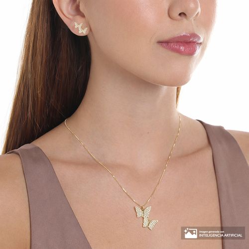 Set de aretes y collar de mariposas de plata en baño de oro 1 mm-44.5 cm para mujer