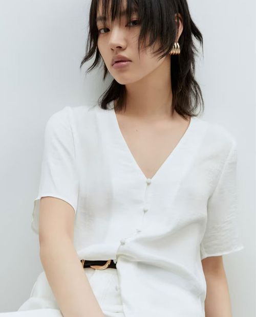 Blusa Sfera blanca sólida manga corta para mujer