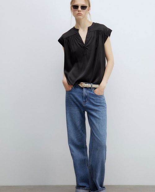 Blusa Sfera túnica negra manga corta para mujer