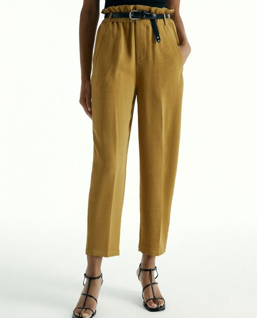 Pantalón Sfera paper bag amarillo de cintura alta para mujer