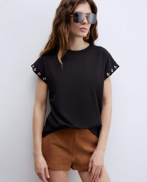 Camiseta Sfera sólida manga corta con perlas para mujer