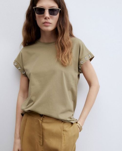 Camiseta Sfera sólida manga corta con perlas para mujer