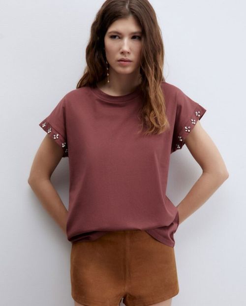 Camiseta Sfera sólida manga corta con perlas para mujer