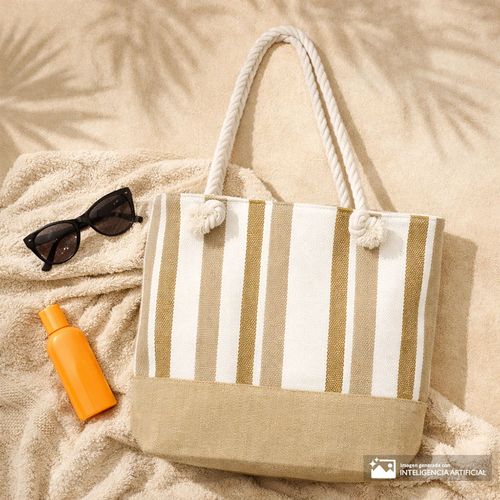 Cartera tote de playa café/blanco para mujer