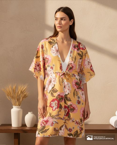 Kimono de playa color amarillo floral para mujer
