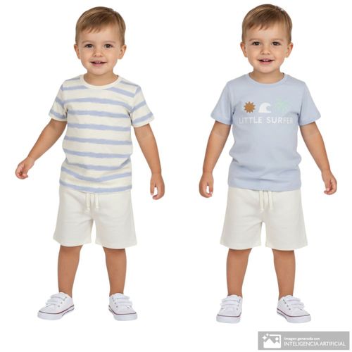 Conjunto crema y celeste de 2 camisetas y short para niño