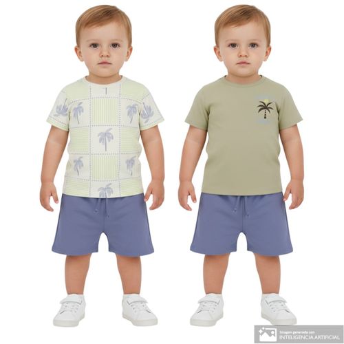 Conjunto beige y morado de 2 camisetas y short para niño