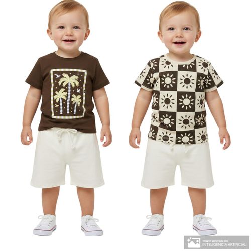 Conjunto café y beige de 2 camisetas con short para niño