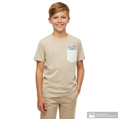 Camiseta beige con bolsillo blanco y estampado de ola para niño