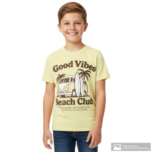 Camiseta amarilla estampada Good Vibes Beach Club para niño