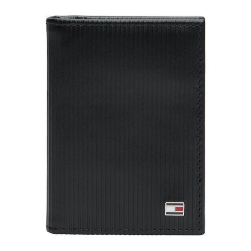 Billetera bifold Tommy Hilfiger negra con textura de rayas para hombre