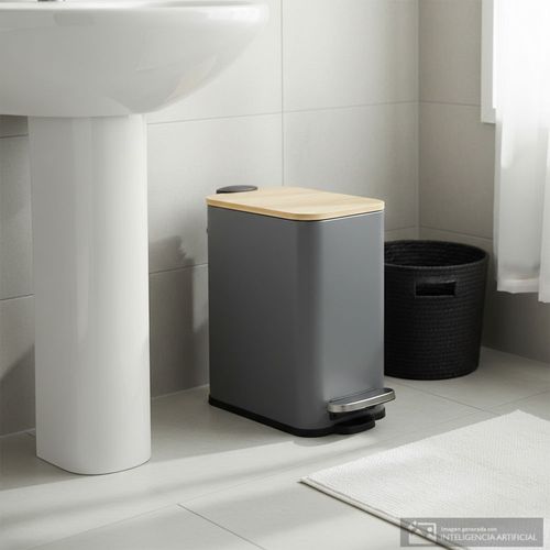 Basurero de acero inoxidable rectangular con tapa de bambú 5 litros