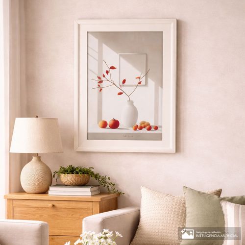 Cuadro decorativo jarrón blanco y frutas 53x74 cm