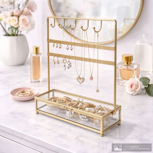 Joyero dorado con caja de vidrio 20x7x27 cm