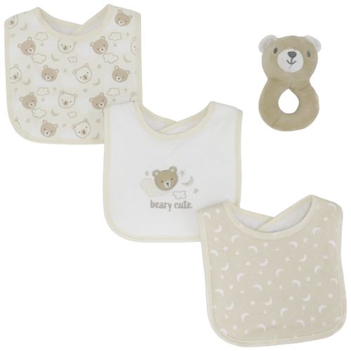 Set de 3 baberos y 1 sonajero de peluche para bebé niño